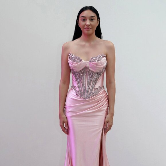 New Rhinestones Embellished Long Prom Gown w/ Lace Up Back & Leg Slit JT2706K - Picture 1 of 8